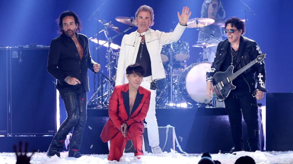 Marco Mendoza, Arnel Pineda, Jonathan Cain, and Neal Schon of Journey perform onstage during the 2021 iHeartRadio Music Festival on September 18, 2021 at T-Mobile Arena in Las Vegas, Nevada