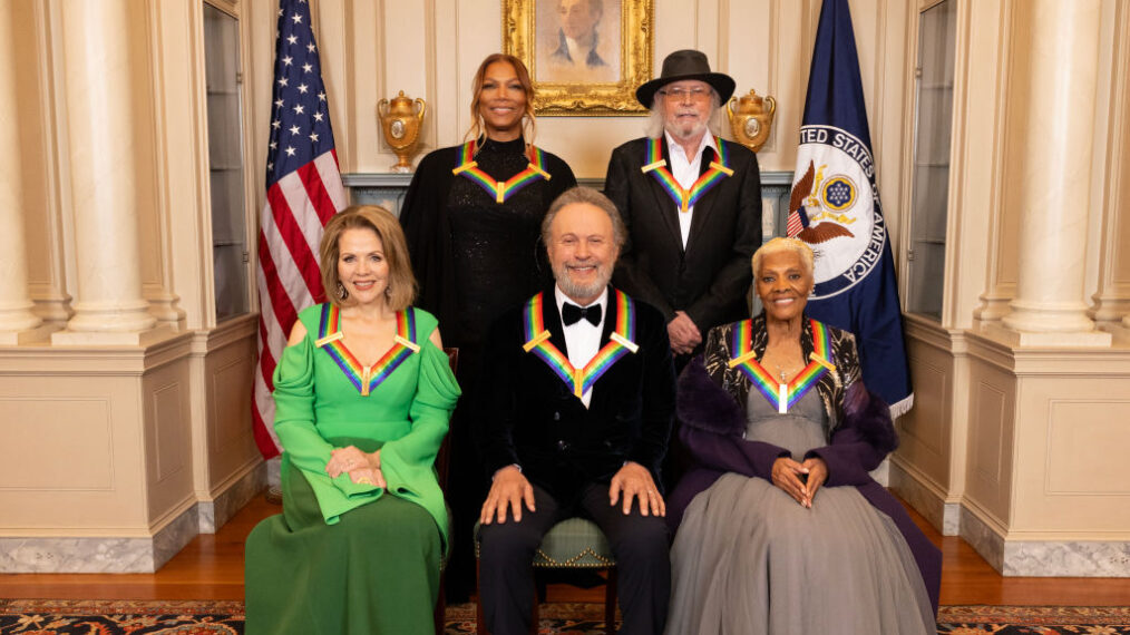 Queen Latifah and Barry Gibb. Pictured (L-R bottom row) Renée Fleming, Billy Crystal, and Dionne Warwick were recognized for their achievements in the performing arts during the 46th annual Kennedy Center Honors