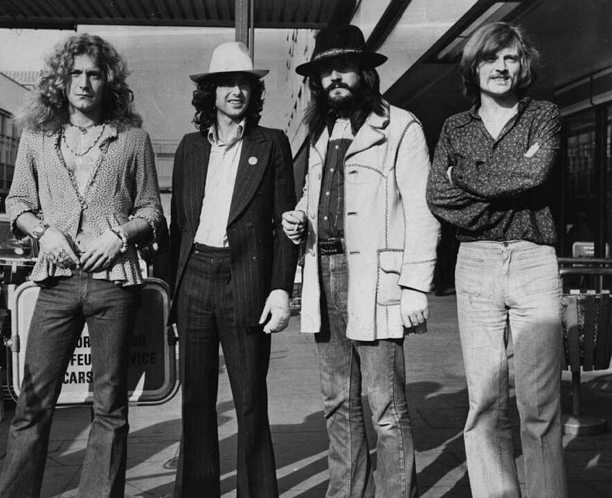 British rock band Led Zeppelin. From left to right, Robert Plant, Jimmy Page, John Bonham (1947 - 1980), John Paul Jones