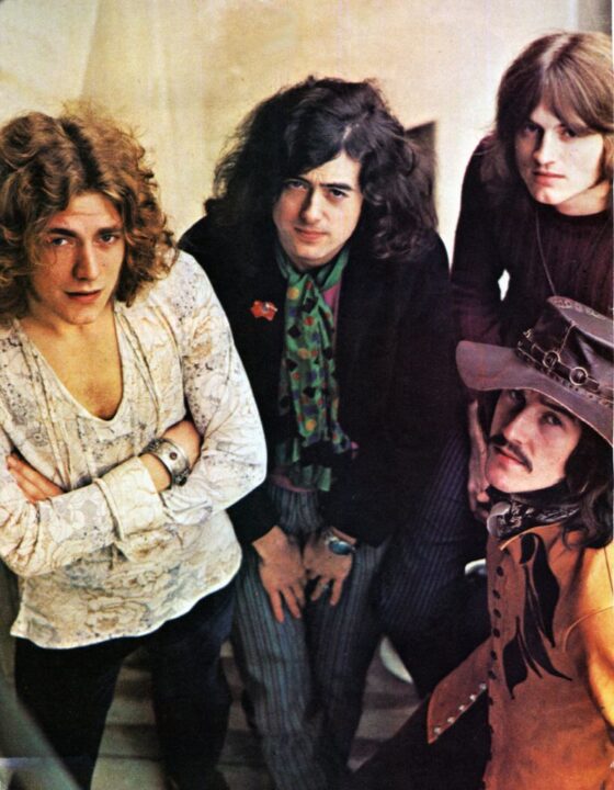 English rock group Led Zeppelin posed circa 1969. L-R: Robert Plant, Jimmy Page, John Paul Jones (behind), John Bonham (front) - posed, group shot