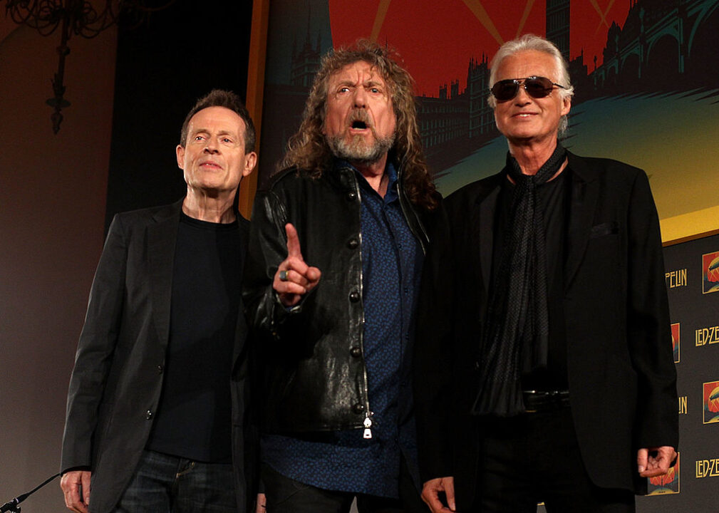 John Paul Jones, Robert Plant and Jimmy Page of Led Zeppelin attend a press conference to announce Led Zeppelin's new live DVD Celebration day at 8 Northumberland Avenue on September 21, 2012 in London, England