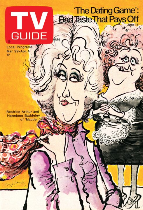 MAUDE, from left: Bea Arthur, Hermione Baddeley, TV GUIDE cover, March 29 - April 4, 1975. Illustration by Ronald Searle. 