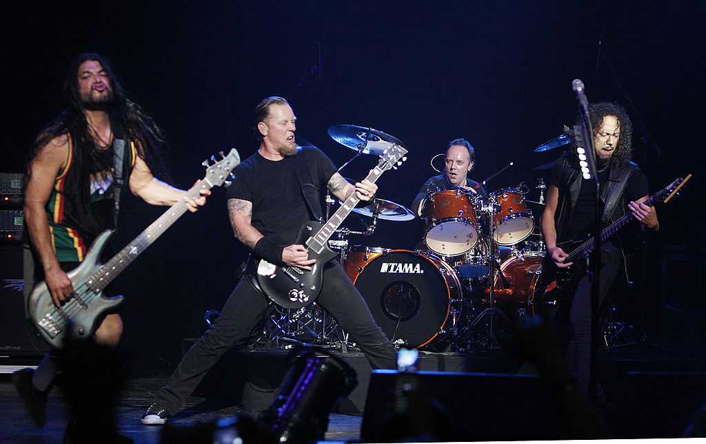 Musicians Robert Trujillo, James Hetfield, Lars Ulrich and Kirk Hammett, of Metallica, perform at The Silverlake Conservatory of Music Benefit at the Wiltern Theater on May 14, 2008 in Los Angeles California