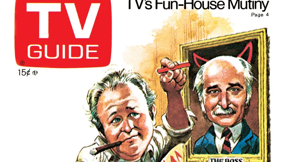 Norman Lear, Redd Foxx, Bill Macy, Carroll O'Connor, TV GUIDE cover, April 6-12, 1974. Illustration by Jack Davis.