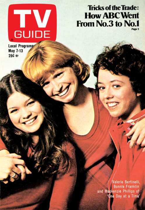 ONE DAY AT A TIME, from left: Valerie Bertinelli, Bonnie Franklin, Mackenzie Phillips, TV GUIDE cover, May 7-13, 1977.