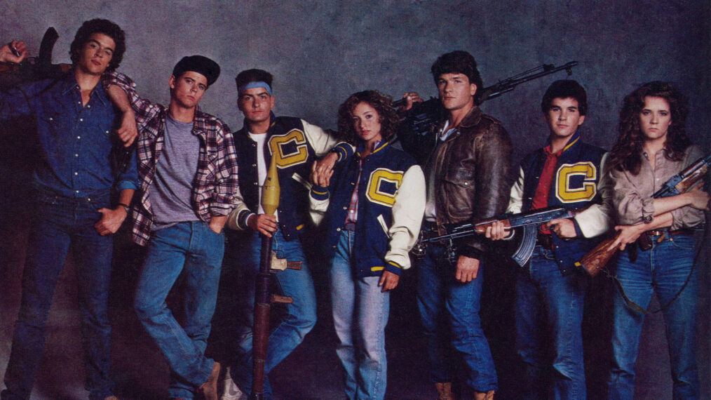 RED DAWN, from left; Darren Dalton, C. Thomas Howell, Charlie Sheen, Jennifer Grey, Patrick Swayze, Brad Savage, Lea Thompson, 1984,
