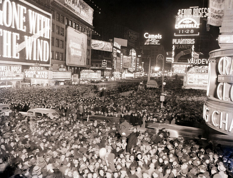 New York, NY- Times Square looking north from the corner of 45th Street and Broadway during the annual New Year's Eve celebration