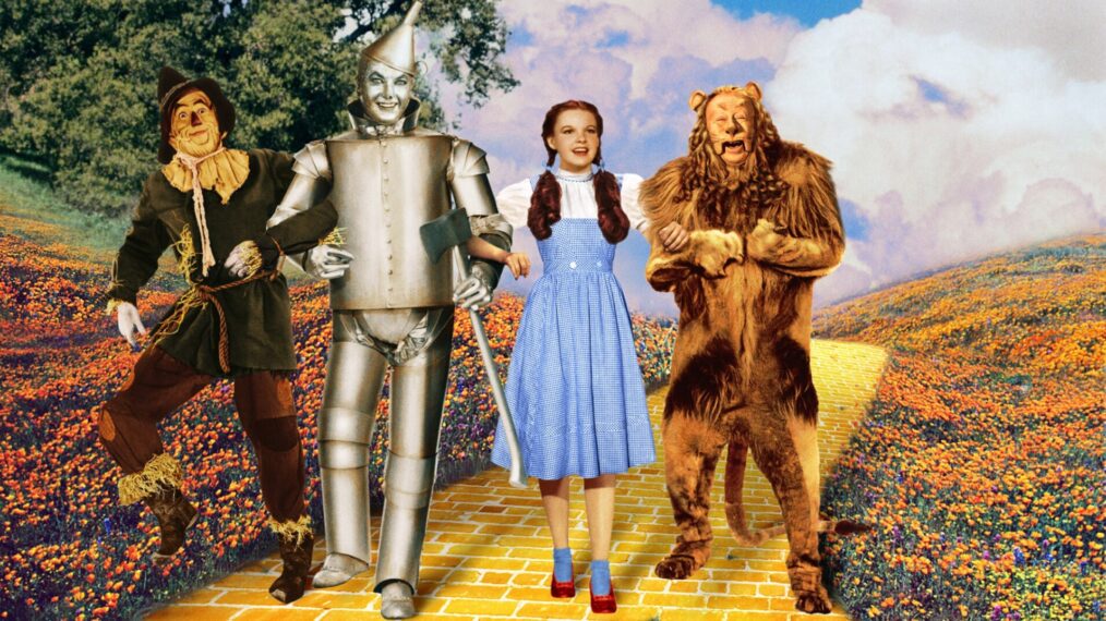 The Wizard of Oz Ray Bolger as 'Scarecrow', Jack Haley as 'Tinman', Judy Garland as 'Dorothy', Bert Lahr as 'The Cowardly Lion', 1939