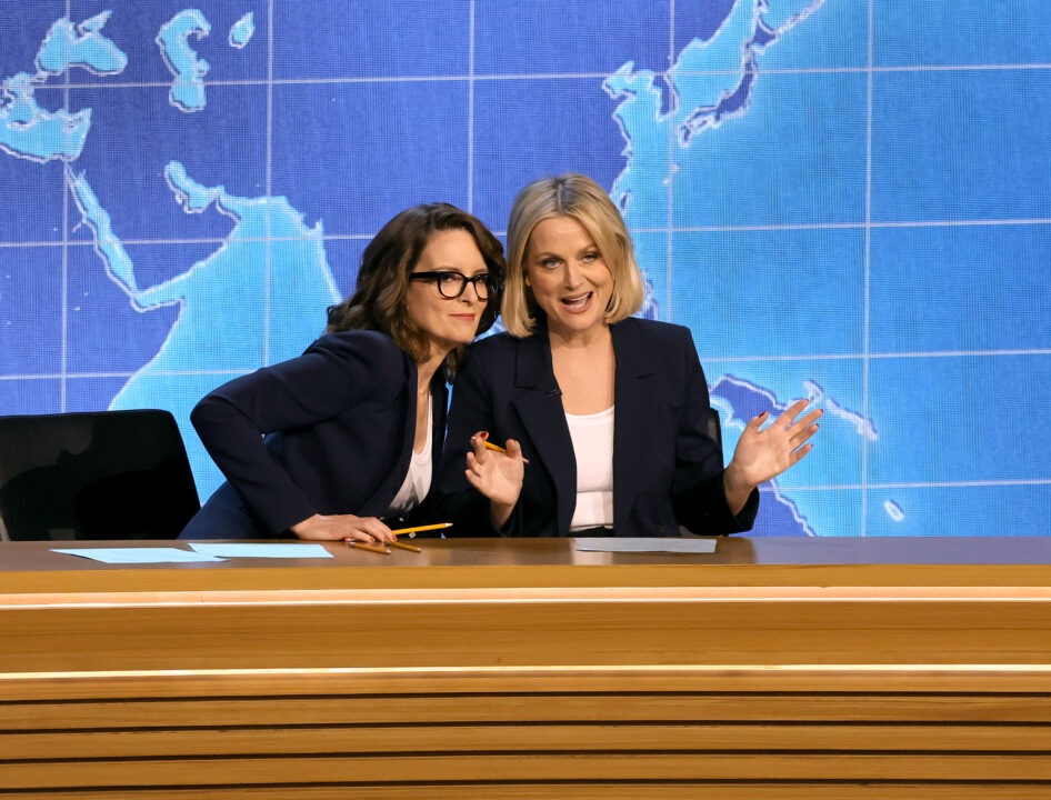 LOS ANGELES, CALIFORNIA - JANUARY 15: (L-R) Tina Fey and Amy Poehler speak onstage during the 75th Primetime Emmy Awards at Peacock Theater on January 15, 2024 in Los Angeles, California.