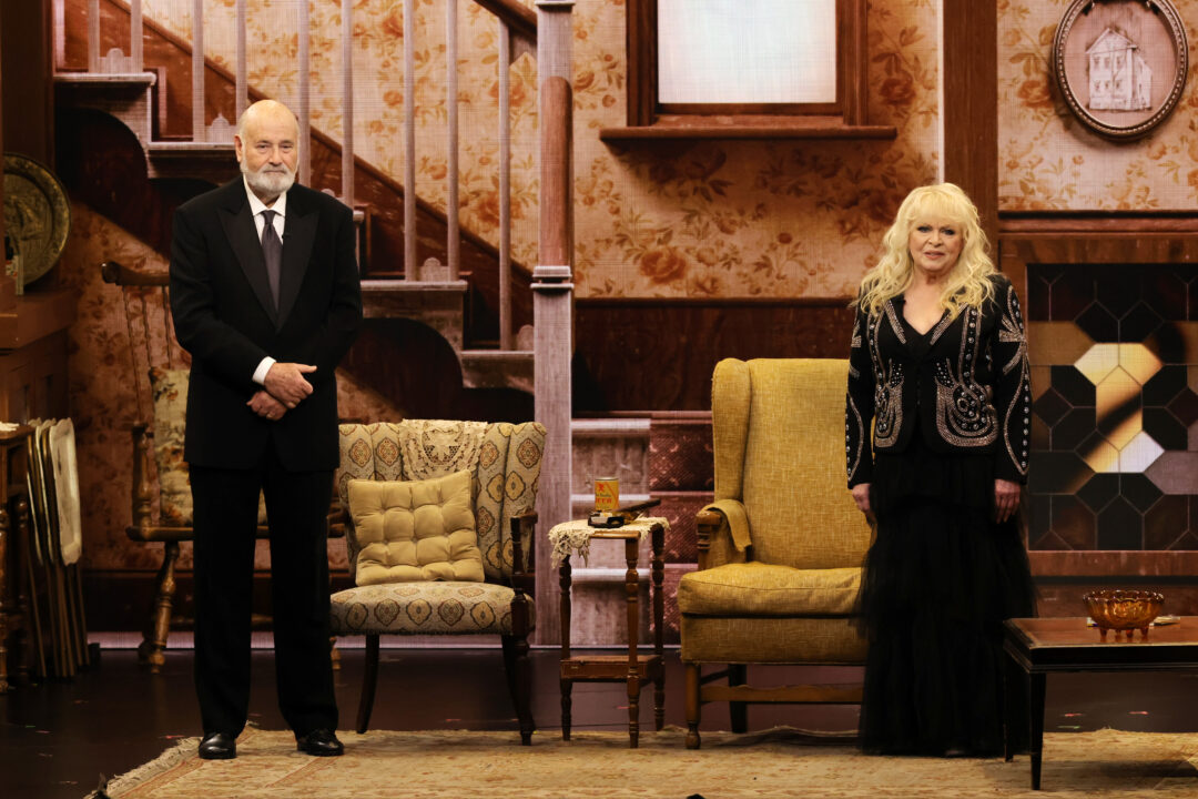 LOS ANGELES, CALIFORNIA - JANUARY 15: (L-R) Rob Reiner and Sally Struthers speak onstage during the 75th Primetime Emmy Awards at Peacock Theater on January 15, 2024 in Los Angeles, California.