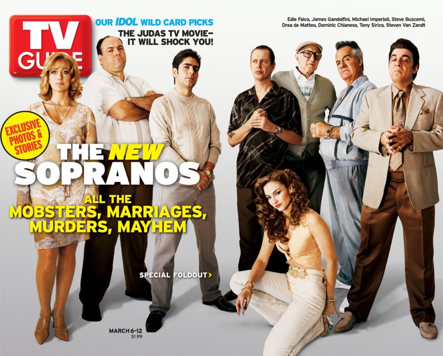 THE SOPRANOS, from left: Edie Falco, James Gandolfini, Michael Imperioli, Steve Buscemi, Drea de Matteo (front), Dominic Chianese, Tony Sirico, Steven Van Zandt, TV GUIDE cover, March 6-12, 2004. 