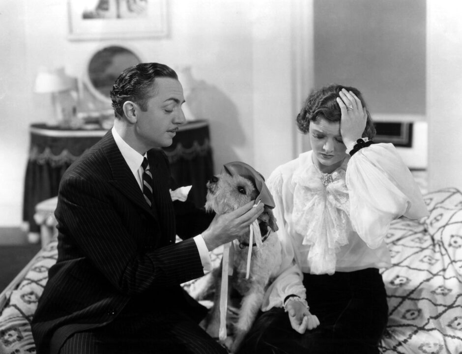 black and white horizontal image from the 1934 film "The Thin Man." Seated on a bed, from left to right, are William Powell as Nick Charles, wearing a dark pinstripe suit, white dress shirt and dark tie. He is looking bemusedly down to his left at his white fox terrier dog Asta, who is looking up at Nick while he puts some sort of hat on the dog. To Asta's left, on the right side of the bed, is Myrna Loy as Nora Charles. She is wearing a frilly white blouse and dark skirt, and is looking down in some apparent distress, eyes downward and with her left hand placed on her head. 