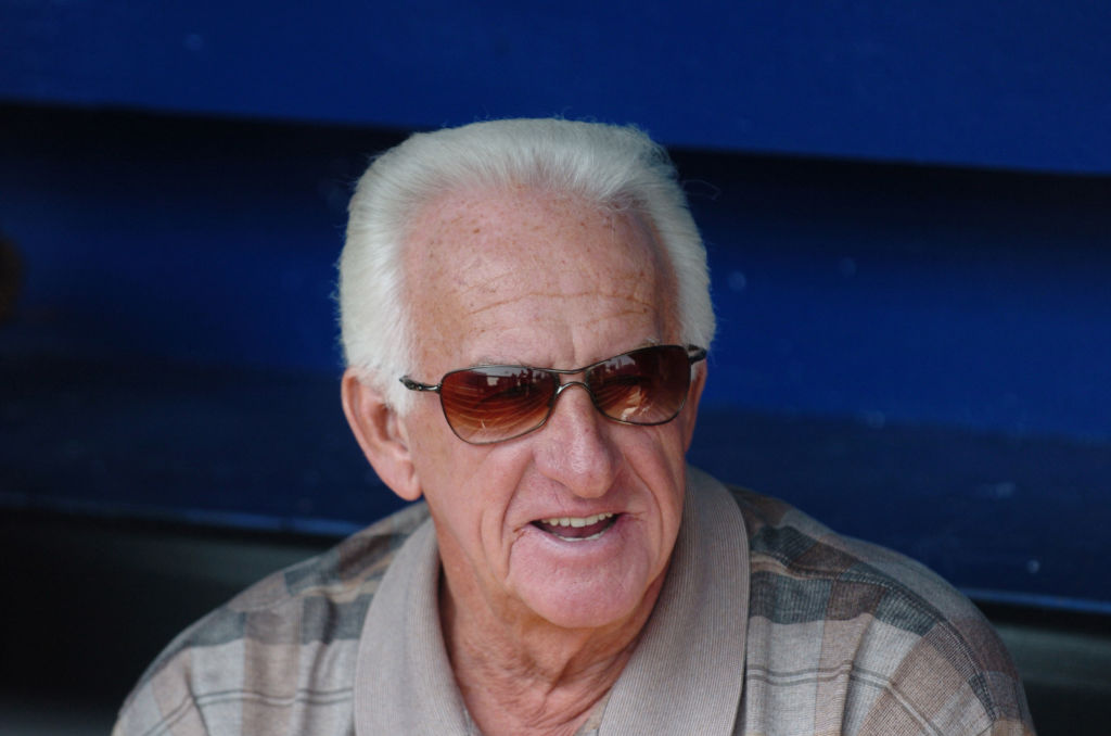Sportscaster Bob Uecker with the Milwaukee Brewers before play against the New York Mets April 15, 2006 at Shea Stadium. The Brewers defeated the Mets 8 - 2