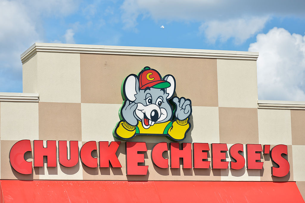 A general view of a 'Chuck E. Cheese's' logo seen in South Edmonton Common.a retail power centre located in Edmonton, Alberta. The flagship shopping complex is spread over 320 acres and contains more than 2.3 million square feet of dining, shopping and entertainment space, making it one of the largest open-air retail developments in North America. On Tuesday, 12 July 2016, in Edmonton, Alberta , Canada