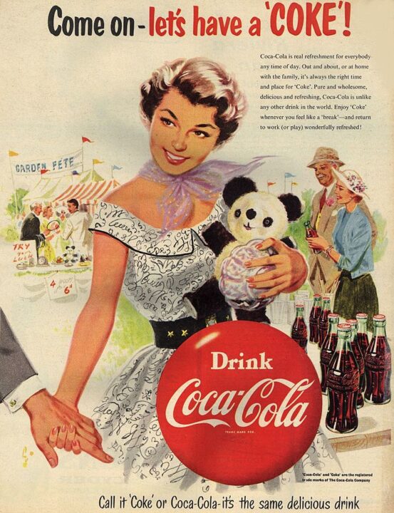 24th July 1954: A woman encourages her date to 'Drink Coca-Cola' at a garden fete. Original Publication: Picture Post Ad - Vol 64 No 4 P 52 - pub. 1954