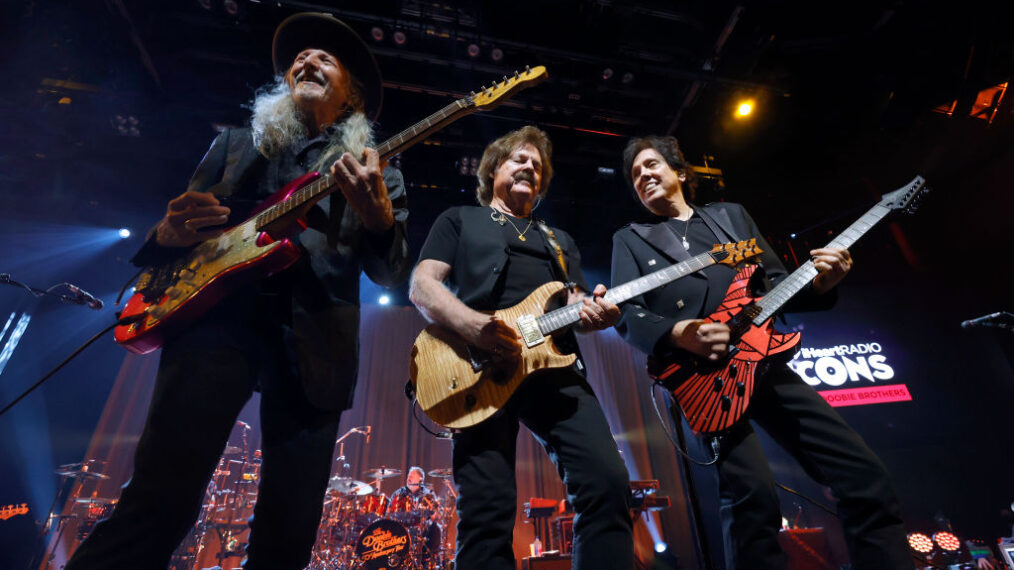 Patrick Simmons, Tom Johnston, and John McFee of The Doobie Brothers perform live onstage at iHeartRadio ICONS with The Doobie Brothers at iHeartRadio Theater in Burbank, California