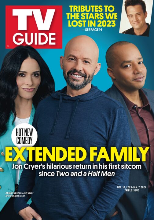 Extended Family Abigail Spencer, Jon Cryer, Donald Faison; inset: Matthew Perry, TV GUIDE cover, December 18, 2023 - January 7, 2024