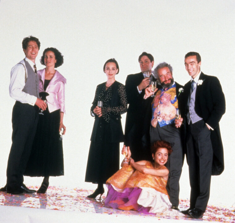 FOUR WEDDINGS AND A FUNERAL, from left: Hugh Grant, Andie MacDowell, Kristin Scott Thomas, David Bower, Simon Callow, Charlotte Coleman (seated), John Hannah, 1994, 