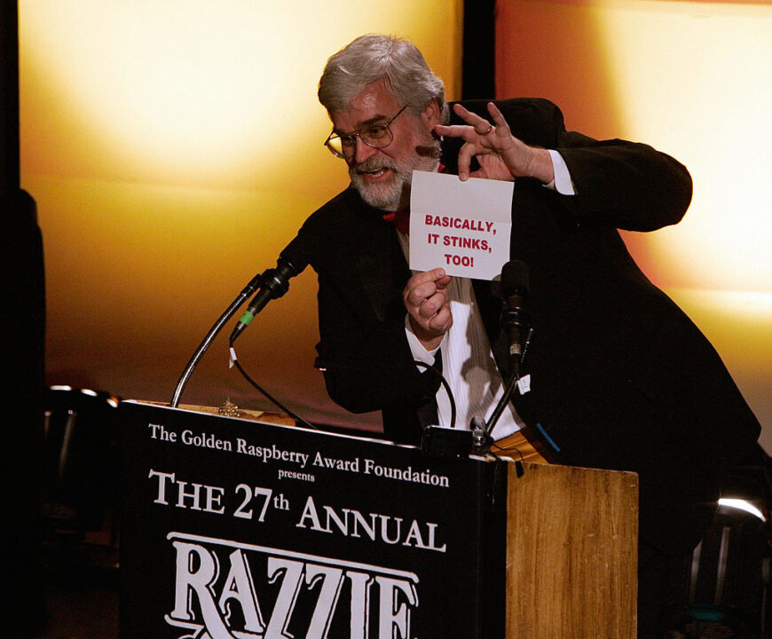 Presenter John Wilson announces the winner for "Worst Picture", "Basic Instict 2" announced as "Basically it Stinks Too" during the Razzie Awards in Hollywood, CA, 24 February 2007. The "Razzie" a gold-spray-painted, golf-ball-size raspberry atop of a mangled super 8 film reel trophy, with an estimated street value of 4.97 dollars, awards the worst movie and actors Hollywood produced during the year. The 2007 winners included, Sharon Stone for Worst Actress, "Lady in the Water" for Worst Picture and its director Night Shyamalan as Worst Director
