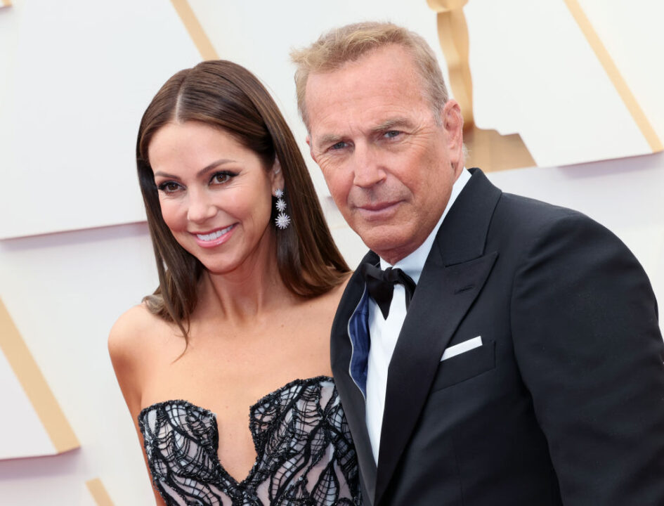 Christine Baumgartner and Kevin Costner attend the 94th Annual Academy Awards at Hollywood and Highland on March 27, 2022 in Hollywood, California