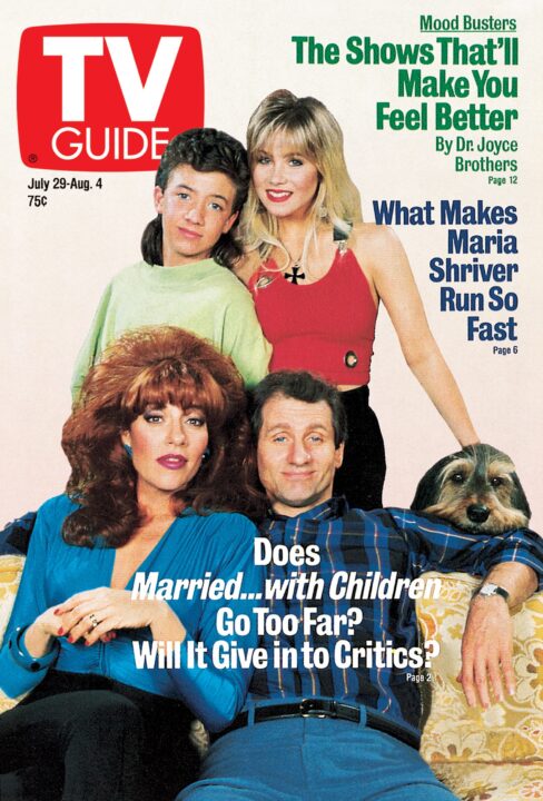 Married... with Children clockwise from top left: David Faustino, Christina Applegate, Buck the dog, Ed O'Neill, Katey Sagal, TV GUIDE cover, July 29 - August 4, 1989