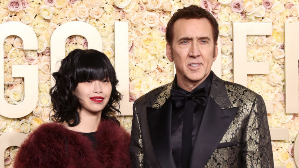 Riko Shibata and Nicolas Cage attend the 81st Annual Golden Globe Awards at The Beverly Hilton on January 07, 2024 in Beverly Hills, California