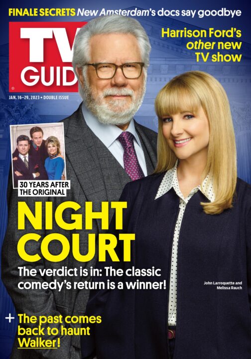 Night Court John Larroquette, Melissa Rauch; inset: John Larroquette, Harry Anderson, Markie Post, TV GUIDE cover, January 16-29, 2023