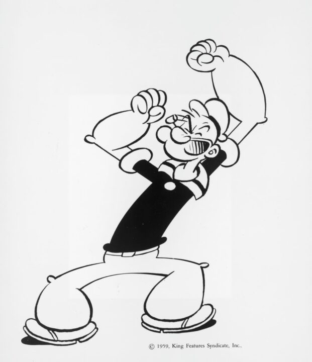 Popeye holds his fists in the air in a promotional image for the television series, 'Popeye,' 1959.