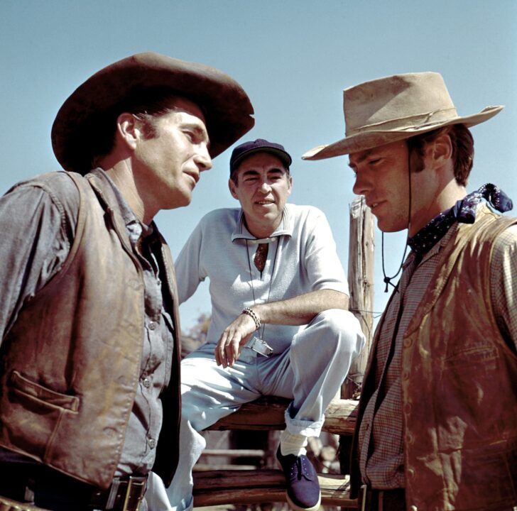 RAWHIDE, from left: Eric Fleming, Charles Marquis Warren (creator), Clint Eastwood, on set, 1959-1966. 