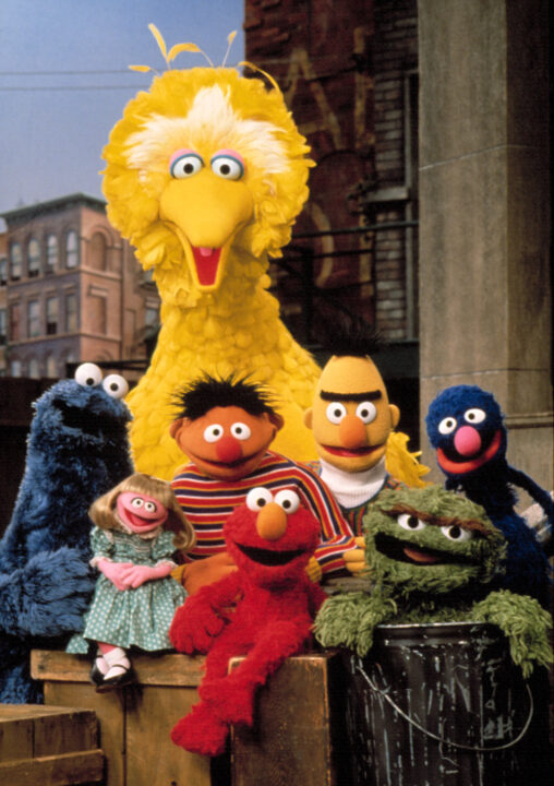 Sesame Street Cookie Monster, Prairie Dawn, Big Bird, Ernie, Elmo, Bert, Oscar the Grouch, Grover, celebrating Season 25, 1993-1994