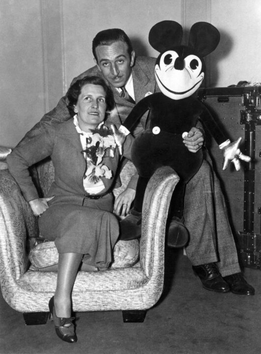 Mr and Mrs Walt Disney with Mickey Mouse, London, 21 June 1935. Walt Disney (1901-1966), American animator and showman, with his wife Lillian and one of his creations, Mickey Mouse