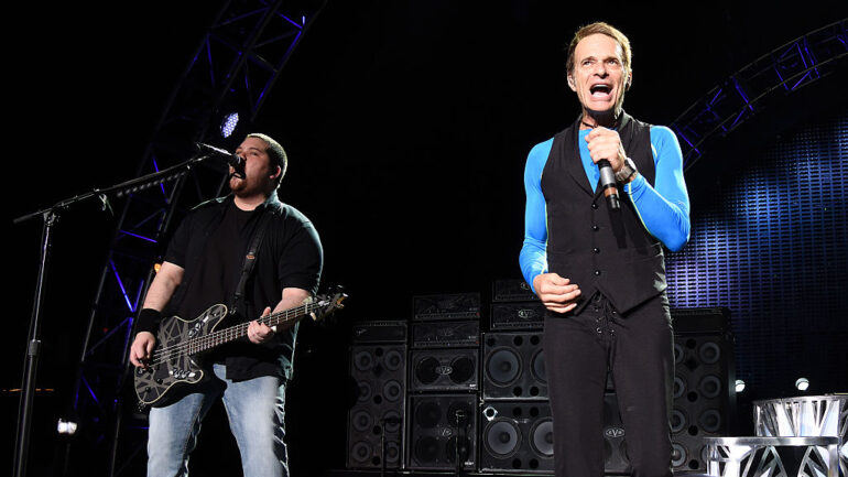 David Lee Roth and Wolfgang Van Halen (L) of Van Halen perform on stage at Concord Pavilion on July 9, 2015 in Concord, California