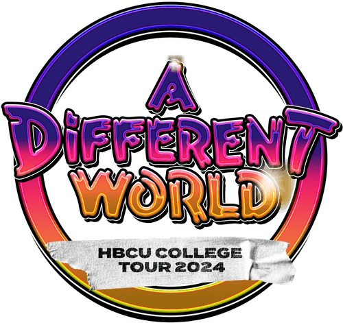 logo for "A Different World HBCU College Tour 2024." The title is within a circle, with A Different World larger and in colors ranging from purplish-red of "A Different World" to orange of "World." The "HBCU College Tour 2024" text is in black lettering set against a white banner.