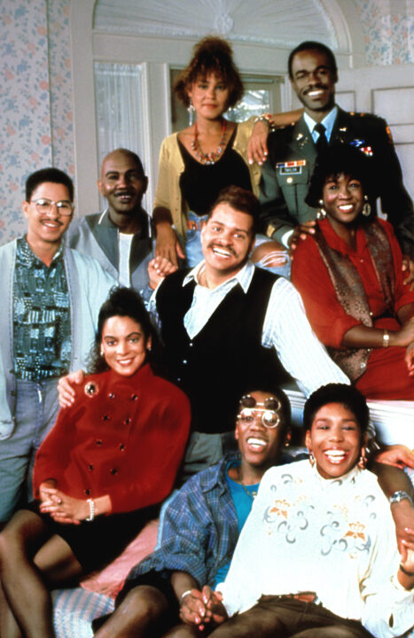 cast shot from Season 3 of NBC's "A Different World." Featured are Darryl Bell, Lou Myers, Cree Summer, Glynn Turman, Sinbad, Charnele Brown, Jasmine Guy, Kadeem Hardison and Dawnn Lewis