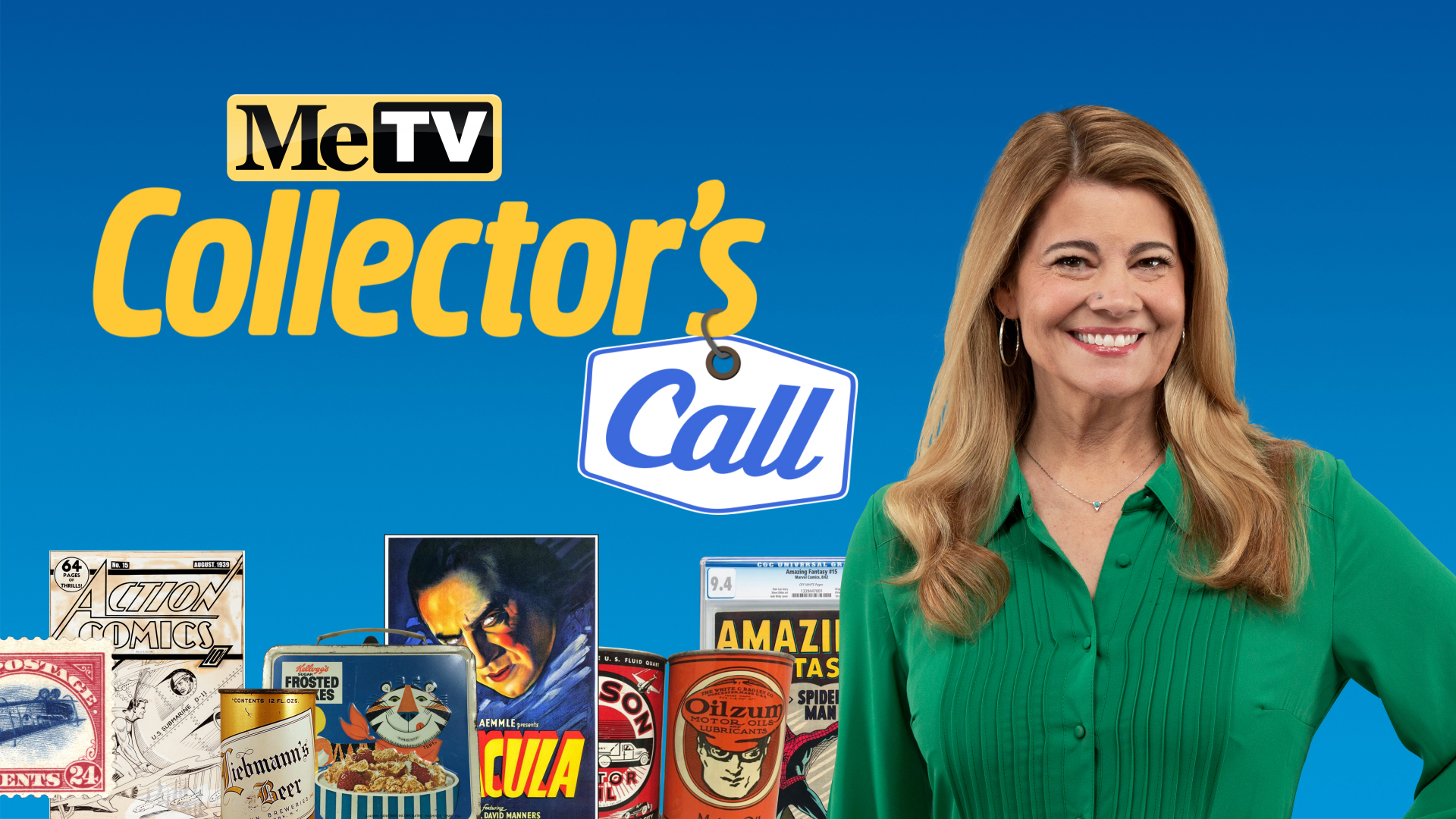 key art for the MeTV series "Collector's Call." A picture of host Lisa Whelchel, wearing a green blouse and smiling, is on the right, against a blue background. In upper left, in yellow lettering, is the MeTV logo, below which is the title "Collector's Call." Along the bottom left, in a line leading up to Whelchel on the right, are images of various valuable pop-culture items, from an upside-down airplane on an old postage stamp, to "Action Comics No.1" and others.