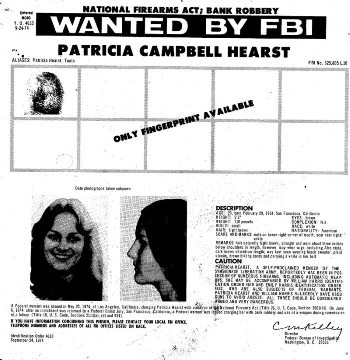 Patty Hearst FBI Wanted poster