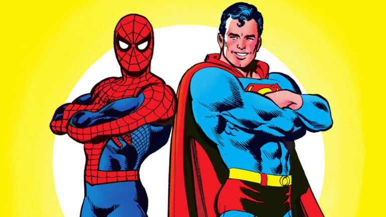 promotional image for the upcoming Marvel/DC omnibus publications coming in Summer 2024. Against a yellow background, standing back-to-back with their arms folded confidently, are Marvel's Spider-Man on the left and DC's Superman on the right.