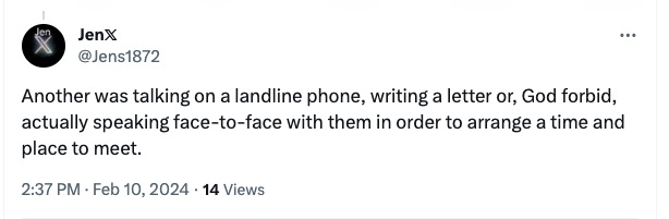 screenshot of a Twitter post responding to a question of how people used to meet/date in years before mobile phones and email.