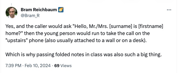 screenshot of a Twitter post responding to a question of how people used to meet/date in years before mobile phones and email.