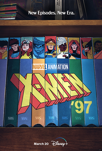 key art/teaser poster for the Disney+ series "X-Men '97." The title treatment for the show, and nine headshots of X-Men characters, are depicted on the sides of VHS tape covers standing upright in a bookshelf. Above these reads the text: "New Episodes. New Era." At the bottom is the Disney+ logo and series premiere date: March 20.