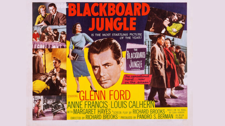 BLACKBOARD JUNGLE, US poster, center from left: Margaret Hayes, Glenn Ford, top left from left: Anne Francis, Glenn Ford, 1955