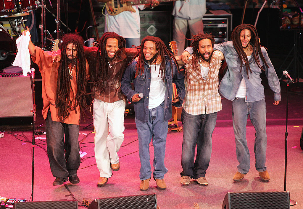 Damian, Ziggy, Stephen, Kymani and Julian Marley, sons of Bob Marley, perform onstage at the "Roots, Rock, Reggae Tour 2004" at the Filene Center August 8, 2004 in Vienna, Virginia
