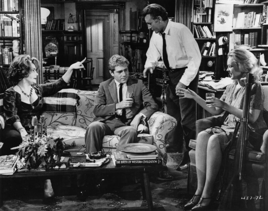 1966: Actors (from left to right) Elizabeth Taylor, George Segal, Richard Burton (1925 - 1984) and Sandy Dennis in Mike Nichols' film of the Edward Albee play 'Who's Afraid of Virginia Woolf'. 