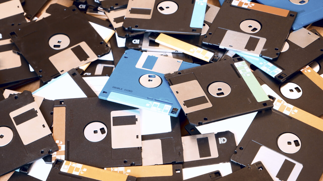 Obsolete floppy disks on office desk