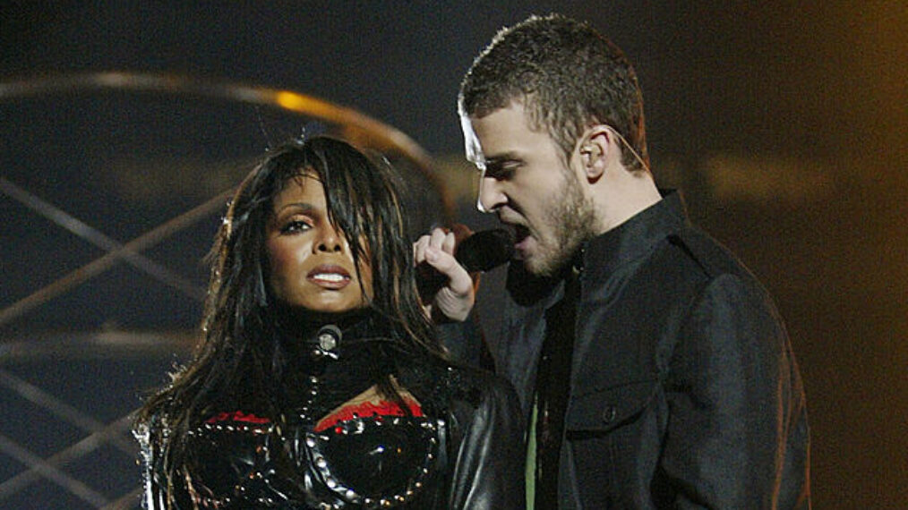 Singers Janet Jackson and surprise guest Justin Timberlake perform during the halftime show at Super Bowl XXXVIII between the New England Patriots and the Carolina Panthers at Reliant Stadium on February 1, 2004 in Houston, Texas. At the end of the performance, Timberlake tore away a piece of Jackson's outfit