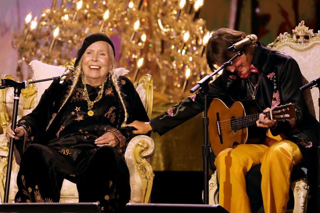 Joni Mitchell and Brandi Carlile per onstage during the 66th GRAMMY Awards at Crypto.com Arena on February 04, 2024 in Los Angeles, California