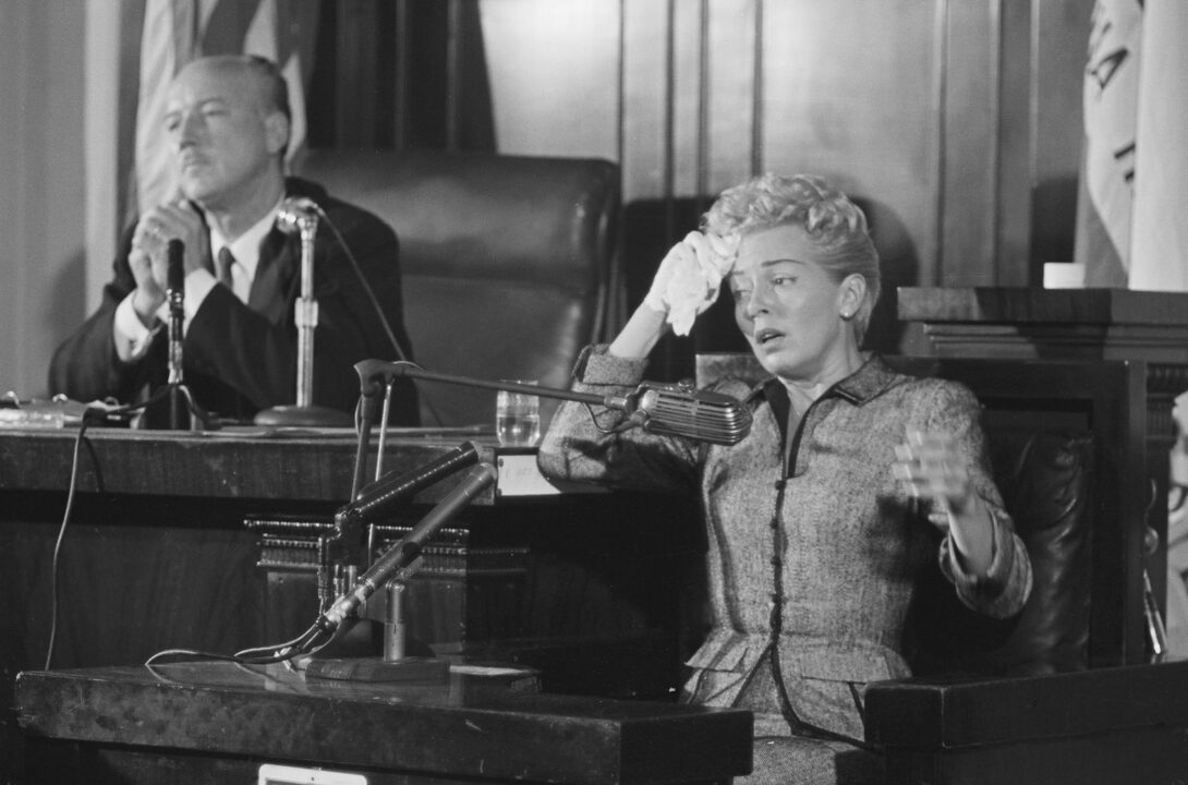 (Original Caption) 4/11/58-Los Angeles, California: Showing the strain, actress Lana Turner appears on the verge of collapse as she testifies at the inquest into the death of Johnny Stompanato, her gangland boyfriend, here, April 11th. Deliberating less than half an hour, the coroner's jury ruled that Stompanato's death, at the hands of Cheryl Crane, Lana's 14-year-old daughter, was "justifiable homicide."