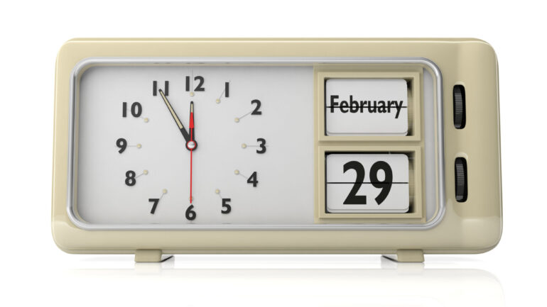 Leap Day, 29 February date text on old retro vintage alarm clock against white background and isolated. 3d illustration.