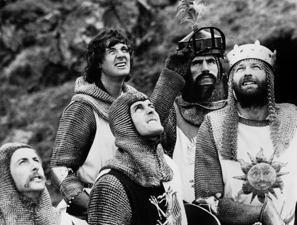 Monty Python and the Holy Grail Eric Idle, Michael Palin (top), John Cleese, Terry Jones, Graham Chapman as King Arthur, 1975