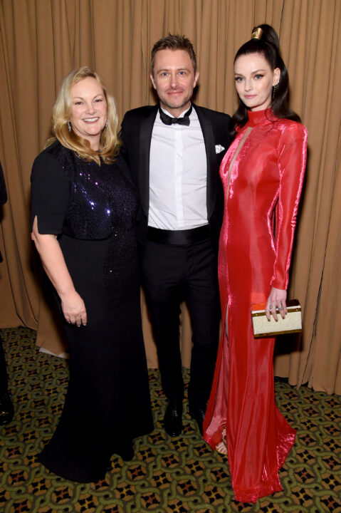 NEW YORK, NY - NOVEMBER 05: Patricia Hearst, Chris Hardwick and Lydia Hearst attend the Elton John AIDS Foundation's 17th Annual An Enduring Vision Benefit at Cipriani 42nd Street on November 5, 2018 in New York City. 